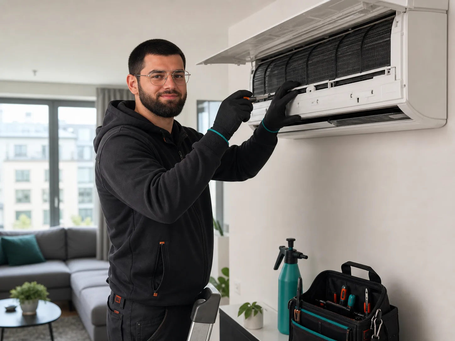 Techniker bei der Wartung einer Split-Klimaanlage in Wien