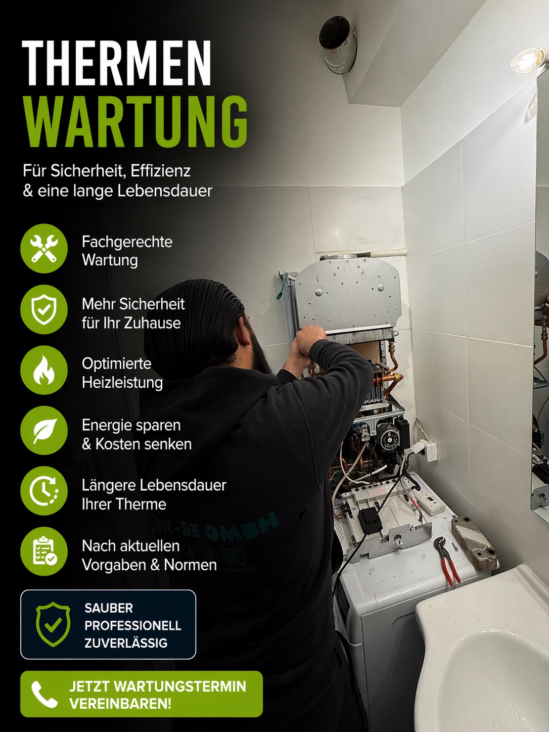 ON-SE Techniker bei der Thermenwartung – Abgasmessung an Vaillant